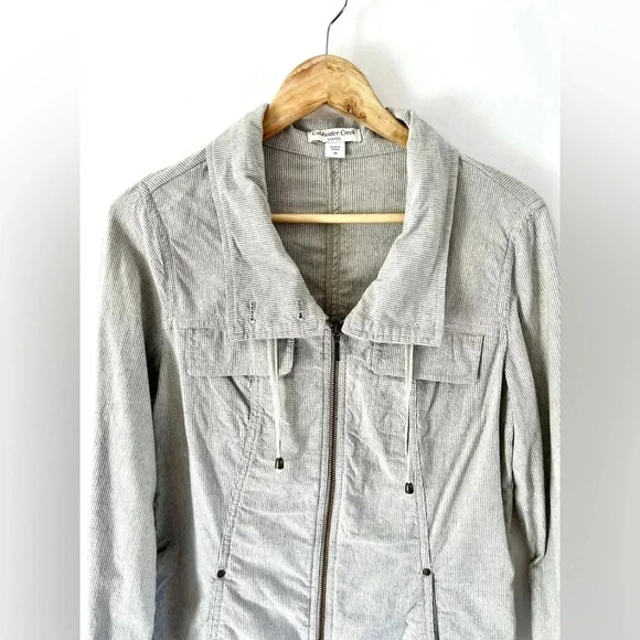 Coldwater Creek Shaped  Zip-Up Lightweight Striped Cotton Blend Roll Tab Jacket - Picture 2 of 11